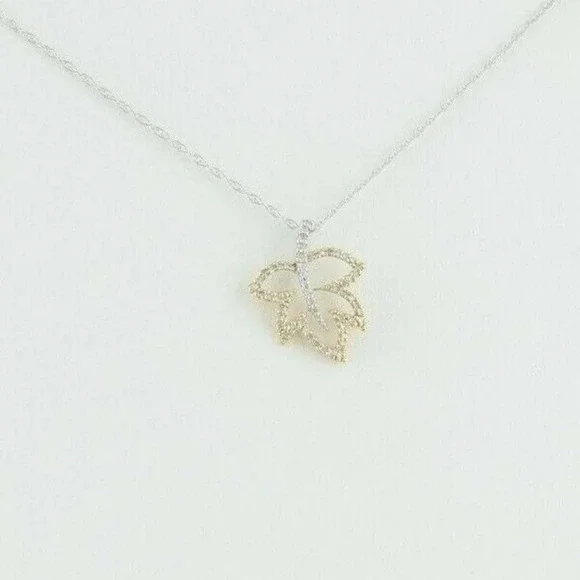 14k White Gold and Yellow Gold Diamond Necklace Leaf Necklace 18 inch chain